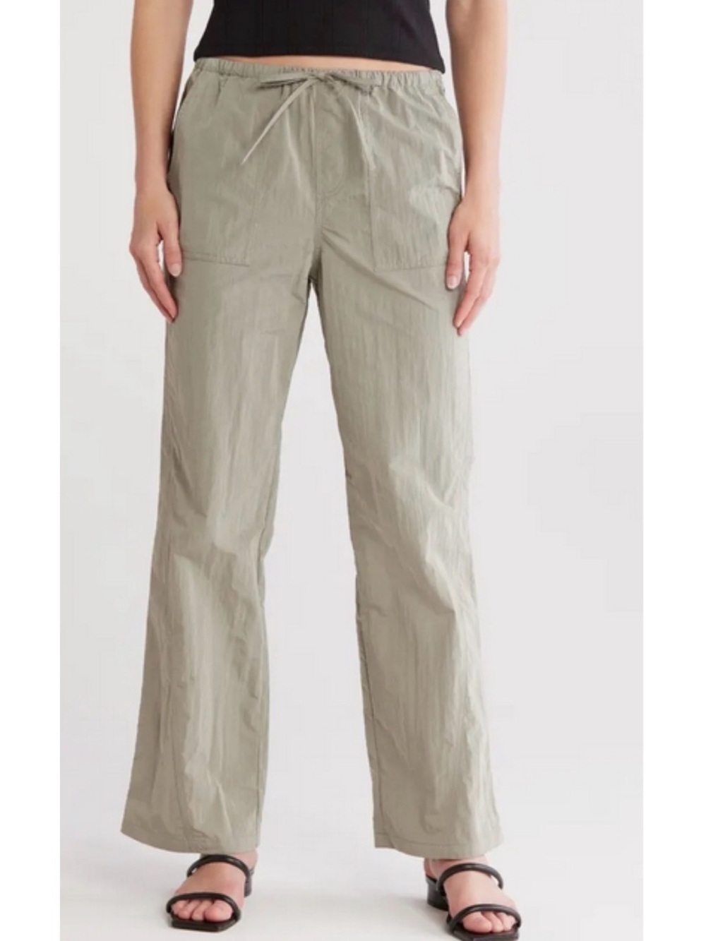 Elodie Sage Green Pull On Wide Leg Pants Drawstring Utility Pockets Size M
